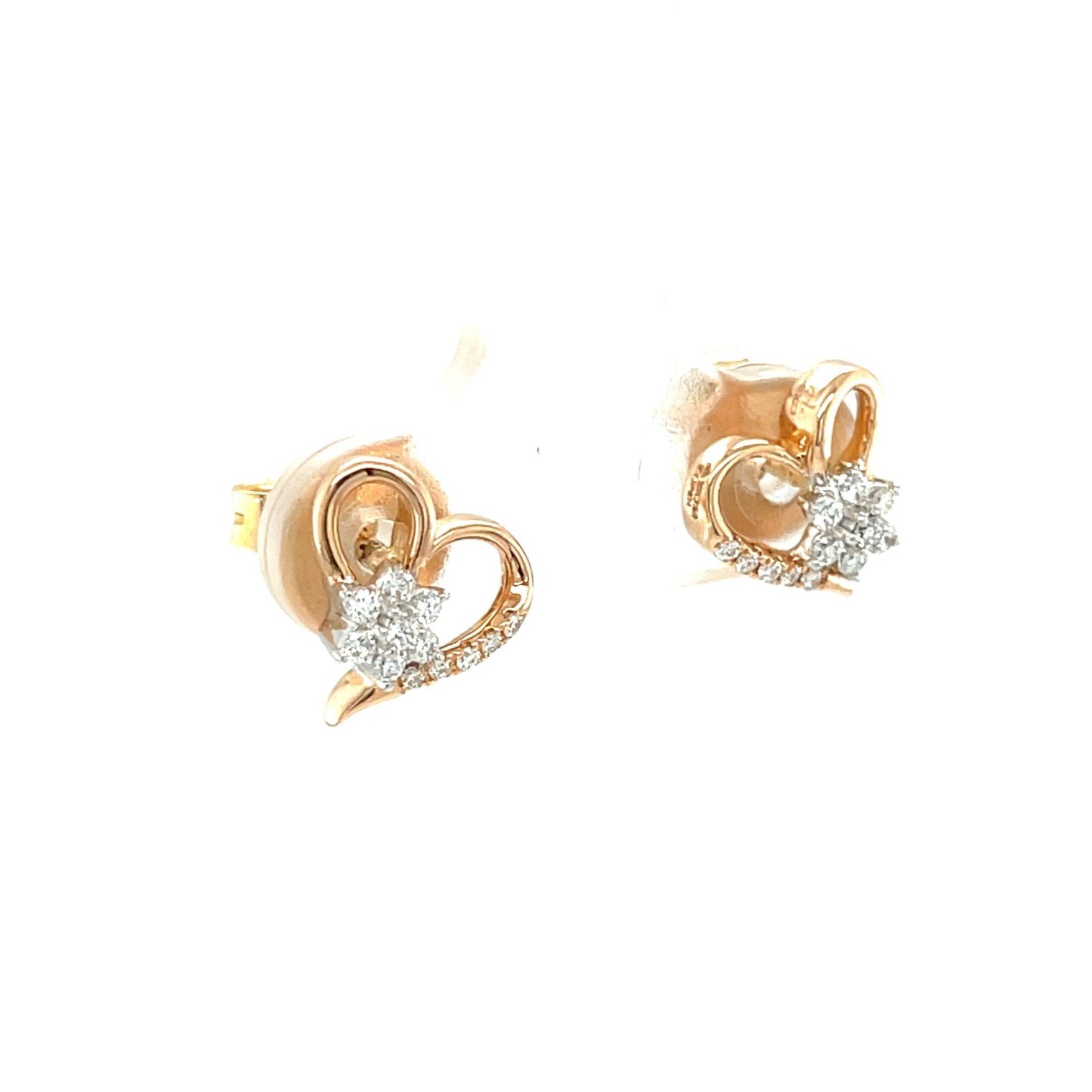 Heart-Shaped Diamond Stud Earrings with Flower Accent